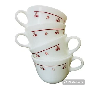 4 Corning Corelle Pyrex Burgundy Rose Tulip Pattern Milk Glass Coffee Cup Mug - Picture 1 of 6