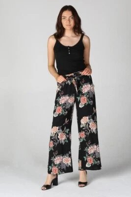 Pantalones florales negros de pierna ancha para mujer cintura elástica fluida S-L Foto 1 de 3