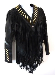 Giacca moto hippie A. M. Bernardo donna pelle nera frange perline XS - Foto 1 di 12