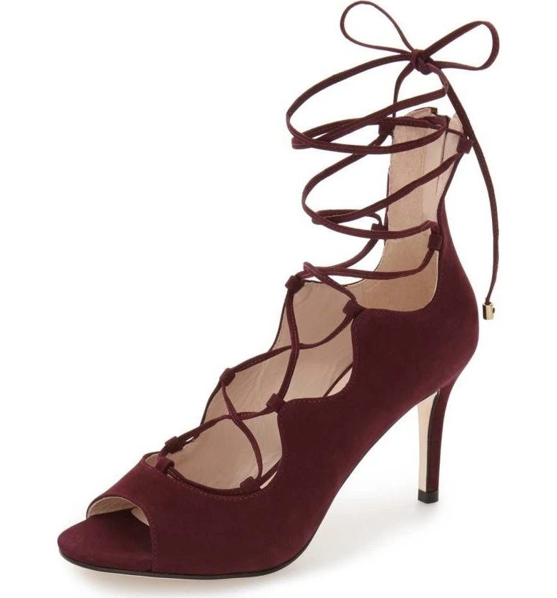 Klub Nico Matilda 葡萄酒腮红露趾凉鞋绑带修身细跟短靴 — 第 1/1 张图片