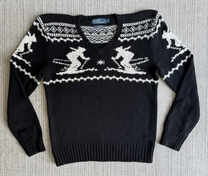 Polo By Ralph Lauren Mens Size Large Black White Ski Sweater V Neck Long Sleeve - Picture 1 of 19