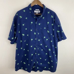 Old Navy Shirt Mens 3XL XXXL Slim Fit Blue & Green Palm Tree Short Sleeve Button - Picture 1 of 11