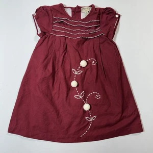 P’tite Môm Paris Kleinkind 4T burgunderrot Baumwollkleid gefüttert Bommel Stickerei gebraucht, in einwandfreiem Zustand - Bild 1 von 7