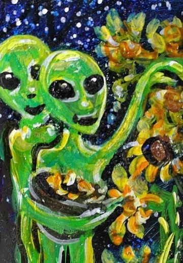 Original ACEO Painting ALIEN Halloween Fall SUNFLOWERS Night Universe ATC ART - Image 1 of 1