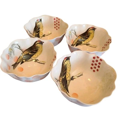 Anthropologie "On Safari" Soup/Cereal Bowls Scalloped Edge Birds Set of 4, EUC - Image 1 of 4