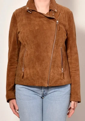 Women's Brown Genuine Suede Leather Biker Jacket Stylish Cafe Racer Moto Coat - Image 1 of 4