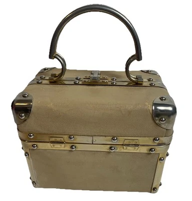 MCM Art Deco Train Case Bag 50s 60s Beige Split Top Handle Gold Tone Trim Italy - Image 1 of 4