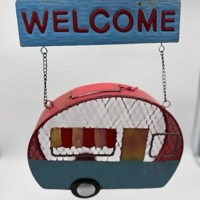 Metal Bird Seed Feeder Camper Travel Trailer Welcome Sign Top Load Yard Art - Image 1 of 4