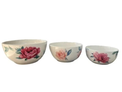 Juego de 3 cuencos florales de cerámica fina Martha Stewart - blanco elegante servidumbre Foto 1 de 4