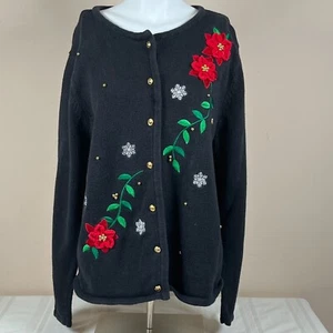 Classic Elements Sweater XL Poinsettias Snowflakes Christmas Holiday Glitz - Picture 1 of 7