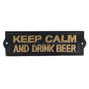 Keep Calm and Drink Beer Cast Iron Wall Plaque Sign Man Cave Black Gold Finish - Picture 1 of 2