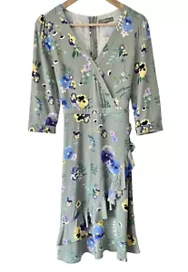 Oasis Floral Tea Dress - Size 6 Wrapover Pressed Flowers Pansy Viola Sage Green - Picture 1 of 14