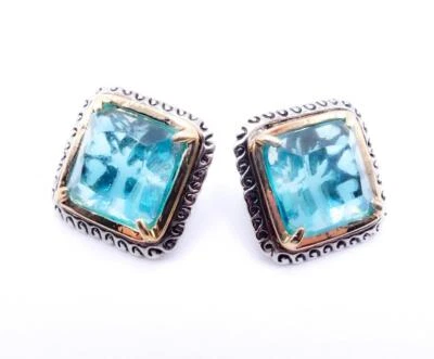 UNIQUE Chunky Antique Silver Cable Filigree Sky Blue Crystal Square Earrings - Image 1 of 4