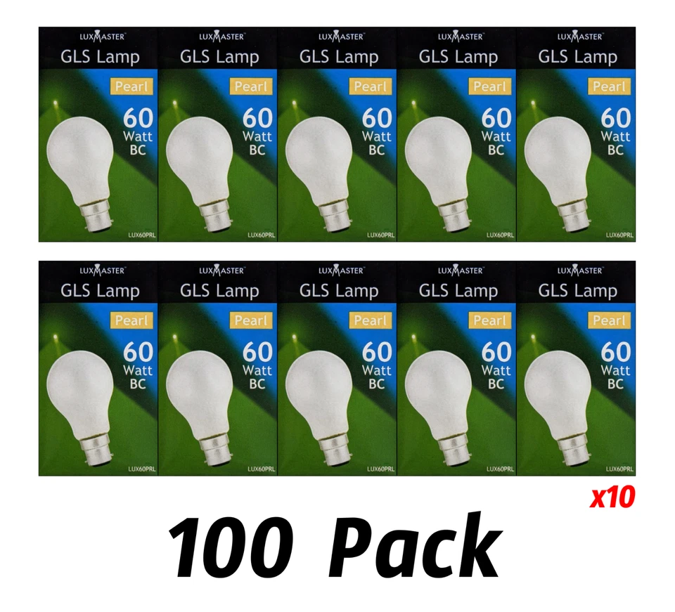 100 pk = 10 x 10 x 60W BULK GLS Light Bulbs Globes 240 V Pearl BC B22 Bayonet - image 1 of 3