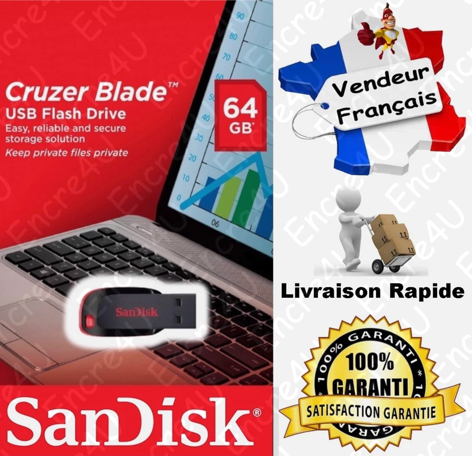 Clé USB SanDisk 64 Go Modèle Cruzer BLADE - Disponible aussi en 8 16 32 Gb Giga - Photo 1/1