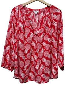 Camicetta donna Crown & Ivy taglia 2X rosso bianco ananas top manica 3/4 scollo a V - Foto 1 di 6