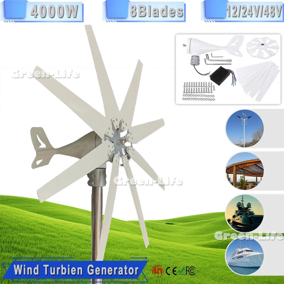 4000W Wind Turbine 8 Blades Generator Kit 12/24/48V Charge Controller Home Power - Image 1 of 4