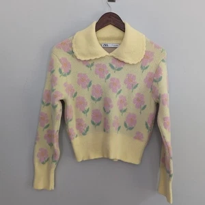 Damen ZARA kleiner gelb rosa Kragen Blumen Pullover Coquette - Bild 1 von 6