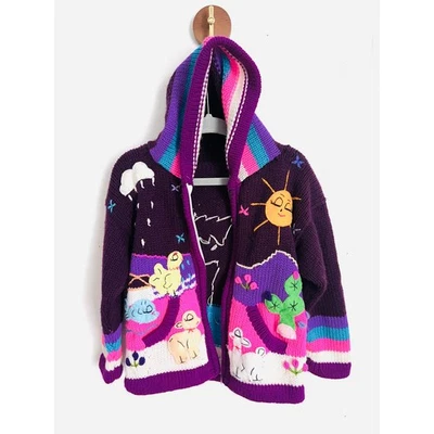 Suéter con Capucha Hecho a Mano Perú Alpaca Llama Pájaro Tejido 2T 3T Púrpura Colores Brillantes Foto 1 de 4