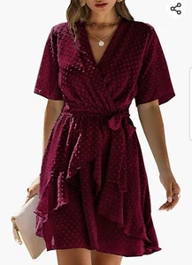 NWT BTFBM Faux Wrap Swiss Dot V-Neck Short Sleeve High Waist A-Line Dress M - Picture 1 of 12