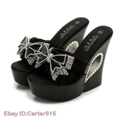 Womens Slippers High Wedge Heel Creepers Shoes Platform Bow Sequins Summer Beach - Image 1 of 4