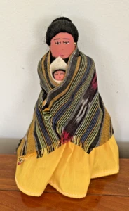 Native American Handmade Fabric Doll Woman Holding Papoose Baby 8-1/2" H - Picture 1 of 8