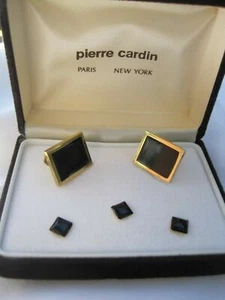 Pierre Cardin Cufflinks & Three Studs, Rectangular, Gold-Tone and Onyx, NOS - Picture 1 of 3