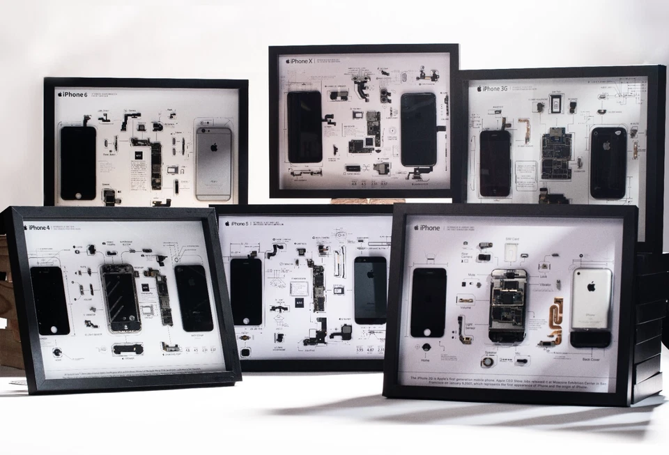 Disassembled iPhone Teardown With Frame, Deconstructed iPhone Art Disassembly - Image 1 of 4