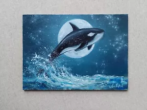 Orca Leaps Amidst Lunar Brilliance and Bright Starry Night Original Oil Painting - Picture 1 of 4
