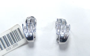 14K White Gold .33CT Round & Baguette Natural Diamond Hoop Leverback Earrings - Picture 1 of 9