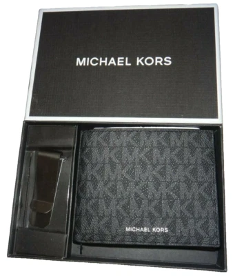 JUEGO DE 2 PIEZAS MICHAEL KORS Jet Set Negro MK Firma Hombre Cartera y Clip para Dinero + CAJA Foto 1 de 4
