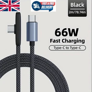 66W Type C 2M Cable USB Nylon Braided 90 Degree Fast Charger For Apple Samsung - Picture 1 of 9