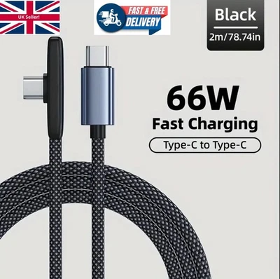 66W Type C 2M Cable USB Nylon Braided 90 Degree Fast Charger For Apple Samsung - Image 1 of 4