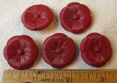 Set of 5 Vintage Cranberry Red Glass Buttons - Flower 1" Round / Self Shank - Image 1 of 4