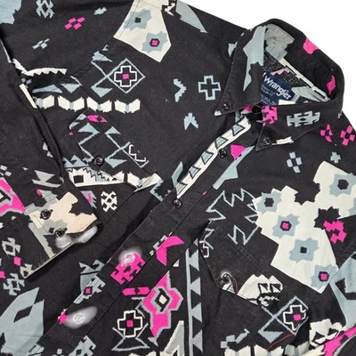Wrangler Western Shirt Mens M X-Long Tails Cowboy Cut Vintage 90s Aztec USA Made - Image 1 of 4