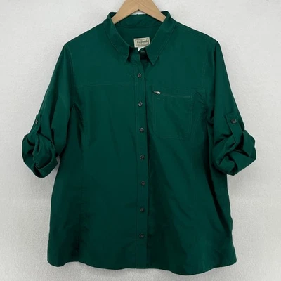 LL BEAN Top Womens XL Roll Tab Sleeve Ripstop Button Up Hiking Outdoor Green - Image 1 of 4