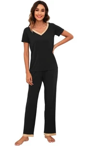 Womens Viscose from Bamboo Pajamas Set Short Sleeve Top with Pants Pjs Soft V... - Picture 1 of 6