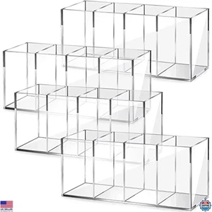 4 Pack Clear Acrylic Pen Pencil Holder - 4 Compartment Desk Organizer Cup - Picture 1 of 6