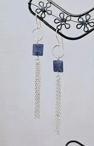 Handcrafted Silver Long Chain Tassel Boho Earrings with Blue Kyanite Gemstones - Picture 1 of 10