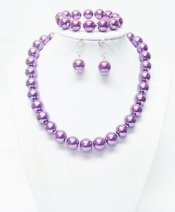 12mm Purple Glass Pearl w/Crystal Seed Bead Choker Necklace/Bracelet/Earrings 