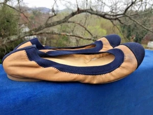 J Tripulante Manoletinas Planas Mulas Mocasines Beige & Azul Marino Cuero - Imagen 1 de 10