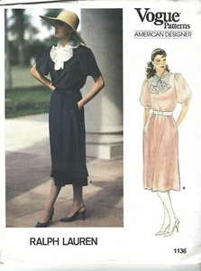 Vogue Sewing Pattern 1136, Ralph Lauren Dress Detachable Collar, Size 6-10 - Picture 1 of 2