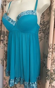 Passion Forever Lg türkisfarbenes Babydoll-Kleid hinten Fly-Away Metallic-Besatz gepolsterter BH - Bild 1 von 10