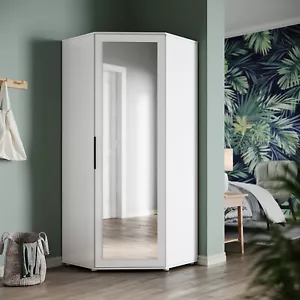 White High Gloss Corner Wardrobe Door Cupboard with Mirror Hanging Rail Shelves - Picture 1 of 12