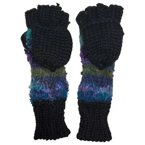 Womens Silky Long Black & Green Knit Convertible Fingerless Gloves & Mitten Tops - Picture 1 of 1