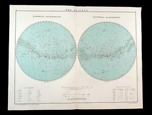 Antique Star Chart Celestial Map constellations Astronomy Hemisphere Large 1919
