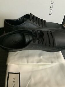 Men's Gucci Black Leather GG Canvas Low Top Sneakers Black Size 10 Eur43