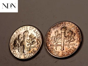 2x Juego/lote de monedas de diez centavos Roosevelt 1950 - gema BU (monedas de extremo tonificado) - 90% plata - #DL77 - Imagen 1 de 4