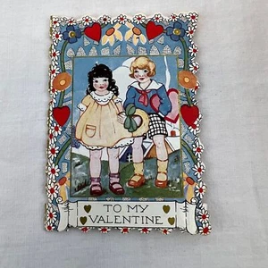 Vtg 1930s 1935 Valentine's Day Holiday Die Cut Double Side Boy Girl Cottage Card - Picture 1 of 4