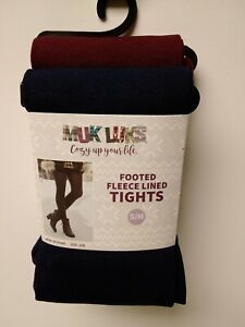 Muk Luks Footed Fleece Lined Tights Pack of 2 Small/Medium Navy & Burgundy